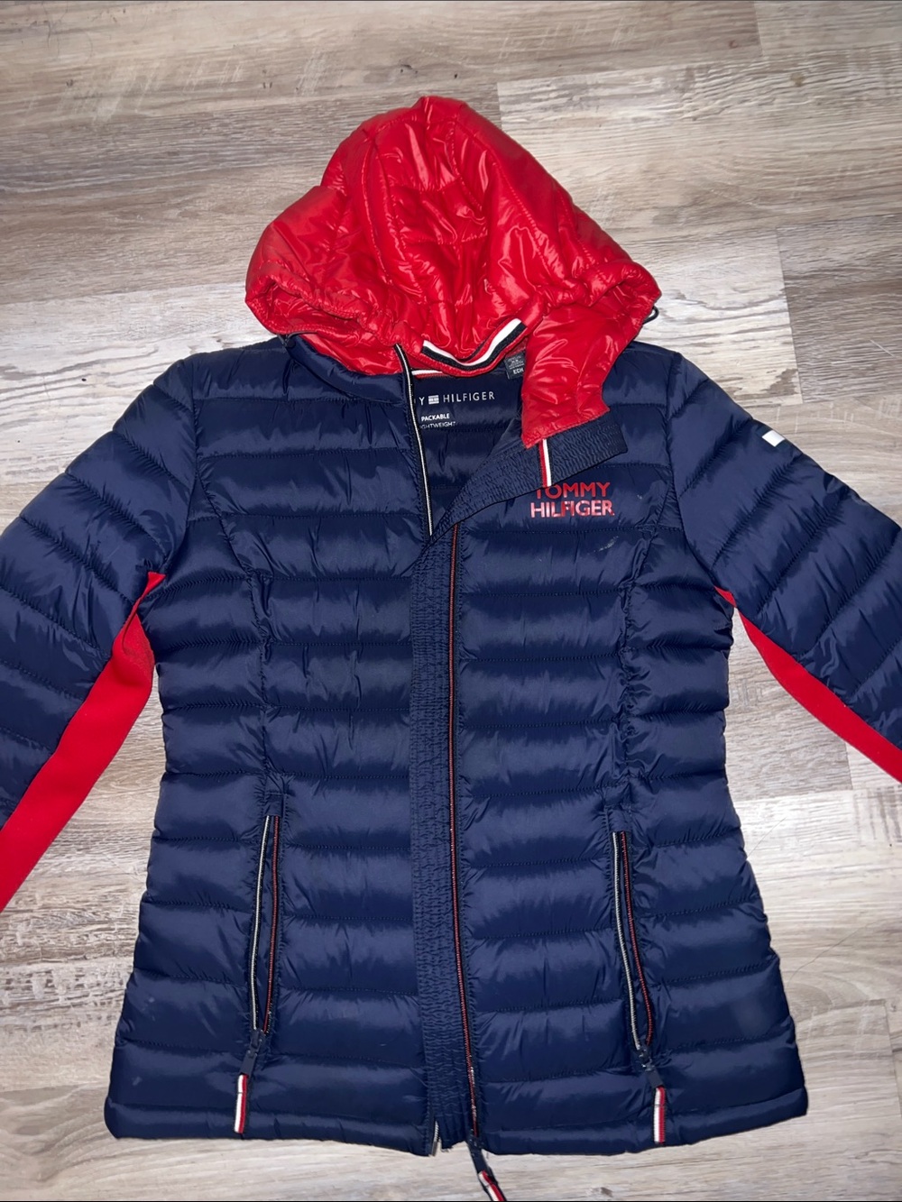 Tommy Hilfiger Navy Jacket with Red Hood & Sleeve Accents